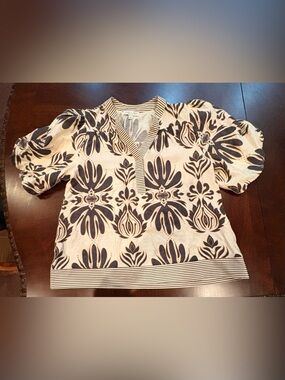 SHE + SKY Women’s Large Abstract Floral Print Blouse Top Brown Cream Striped Tri